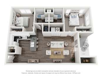 A 3D floor plan of a house with labeled rooms.