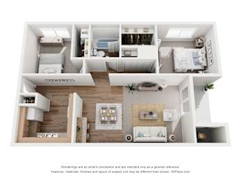 A 3D floor plan of a small apartment with a kitchen, living room, and bedrooms.