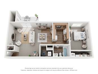 A 3D floor plan of a small apartment with a kitchen, living room, and bathroom.