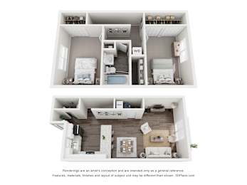 A floor plan of a small apartment with a kitchen, living room, and two bedrooms.