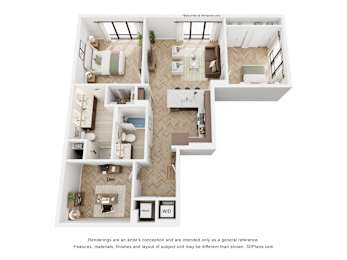 A 3D floor plan of a house with labeled rooms.