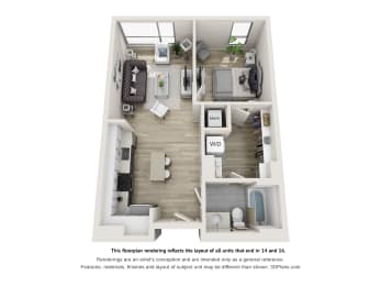 1 bedroom 1 bathroom apartment floor plan. Floorplan Rendering for all units that end in 14  & 16  at The Locks Tower, Richmond, VA
