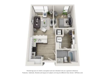 1 bed 1 bath island floorplan  at The Locks Tower, Richmond, VA, 23219