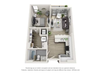 1 bed 1 bath balcony floorplan  at The Locks Tower, Richmond, VA