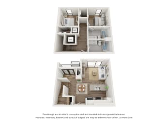 The Falls floor plan - 2 bedroom, 2 bathroom split level apartment