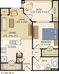 One Bedroom & One Bathroom with Private Patio and Storage Closet. 647 Square Feet