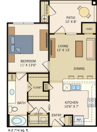 One Bedroom & One Bathroom. Kitchen comes with a Pantry and U-Shaped Countertop great for entertaining. Private Patio with Storage Closet. 714 Square Feet