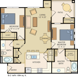 Large Two Bedroom & Two Bathroom. Bedrooms on opposite sides. One Bedroom offers a walk-in -closet. Open Floor Plan with Kitchen Island. Patio with Storage Closet. 1084 Square Feet.