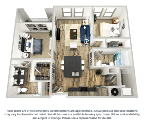 The indigo 2-bed, 2-bath floor plan layout