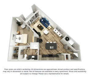 The tawney 1-bed, 1-bath floor plan layout