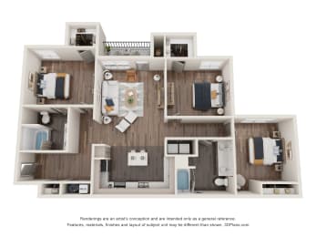 3 Bedroom Floorplan at One White Oak Apartments, Georgia, 30041