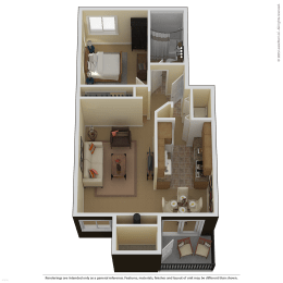 a 3d furnished floor plan of a 1 bedroom, 1 bath apartment