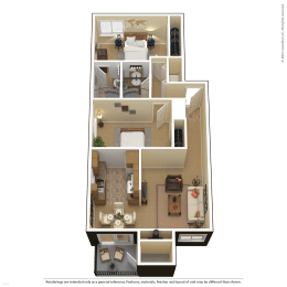 a furnished 3D floor plan of a 2 bedroom, 2 bathroom apartment.