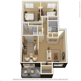 A 3D furnished floor plan of a 2 bedroom, 2 bathroom floor plan.
