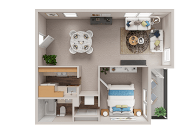 A 3D floor plan of a small apartment with a kitchen, living room, and bedroom.