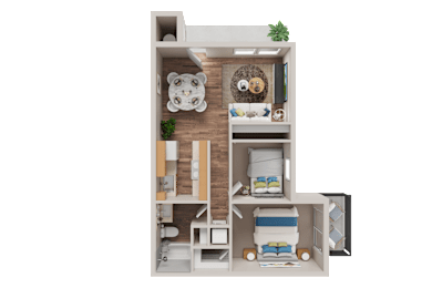 A 3D floor plan of a small apartment with a bedroom, living room, and kitchen.