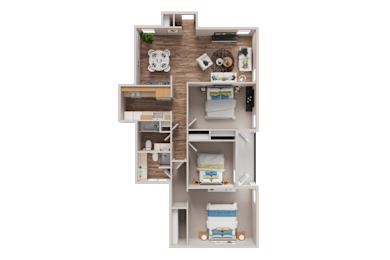 A 3D floor plan of a house with a kitchen, living room, and bedrooms.