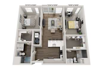 A floor plan of a two-bedroom apartment with dimensions.