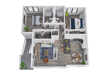 A top-down view of a house interior with a kitchen, living room, and bedrooms.
