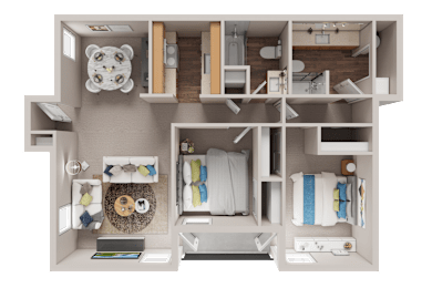 A top-down view of a small, neatly organized apartment.