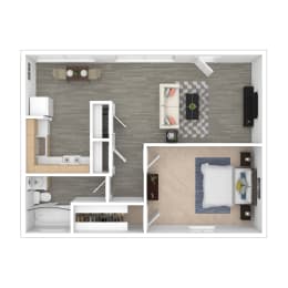a 3D floor plan of the Douglas apartment with 1 bedroom and 1 bathroom  at Olympus Park Apartments, Roseville, 95661