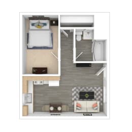 a floor plan of a one bedroom apartment with kitchen, a bedroom and living room  at Olympus Park Apartments, Roseville, CA
