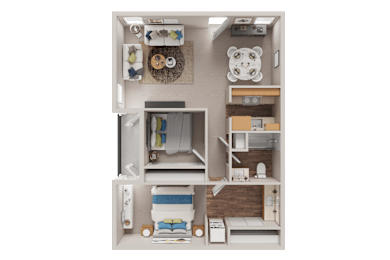 A detailed 3D floor plan of a small apartment layout.