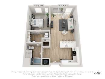 A 3D floor plan of a small apartment with two bedrooms, a living room, and a kitchen.