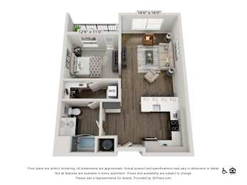 A 3D floor plan of a small apartment with a kitchen, living room, and bedroom.