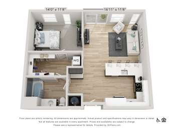 A 3D floor plan of a two-bedroom apartment with a living room, kitchen, and bathroom.