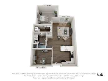 A 3D floor plan of a small apartment with a kitchen, living room, and bedroom.