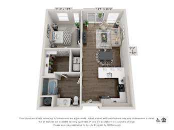 A 3D floor plan of a small apartment with two bedrooms, a living room, and a kitchen.