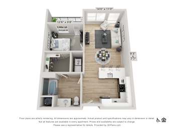 A 3D floor plan of a small apartment with a kitchen, living room, and bathroom.
