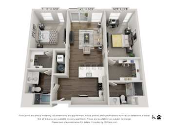 A 3D floor plan of a two-bedroom apartment with a living room, kitchen, and bathroom.