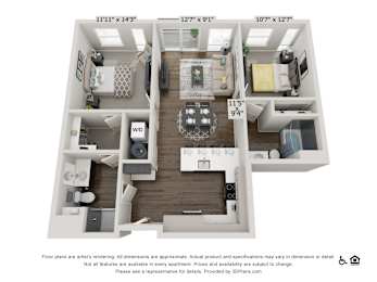 A 3D floor plan of an apartment with dimensions and a disclaimer.