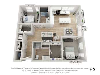 A 3D floor plan of a small apartment with two bedrooms, a living room, and a kitchen.