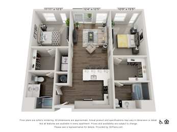 A 3D floor plan of a small apartment with two bedrooms and a living area.