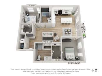 A 3D floor plan of a small apartment with a kitchen, living room, and bedrooms.