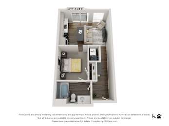 A 3D floor plan of a 10x18 foot apartment with a kitchen, living room, and bathroom.