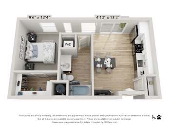 A 3D floor plan of a small apartment with a kitchen, living room, and bathroom.