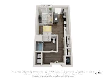 A 10'9"x16'0" floor plan of an apartment with a kitchen, living room, and two bedrooms.