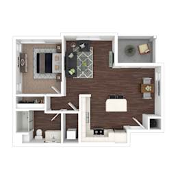A 3D floor plan of a house with a kitchen, living room, and bathroom.