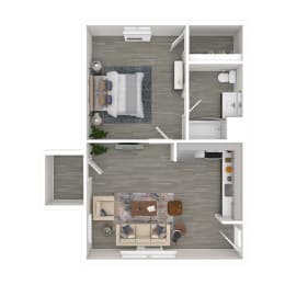 a stylized floor plan with a bedroom and a living room  at Track 281 Apartments, Sacramento, CA