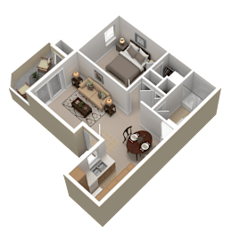A 3D floor plan of a house with a kitchen, living room, dining room, and two bedrooms.
