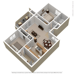 A 3D floor plan of a house with multiple rooms and furniture.