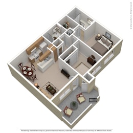 A 3D floor plan of a house with furniture and appliances.