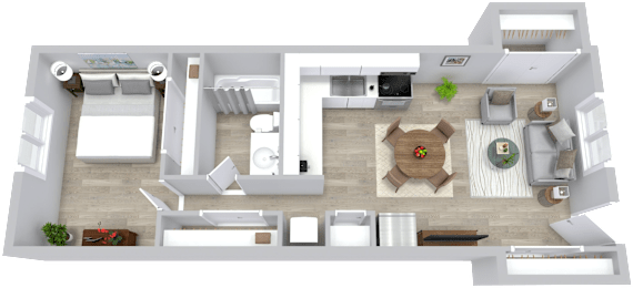 A 3D floor plan of a house with a kitchen, living room, dining room, and bathroom.