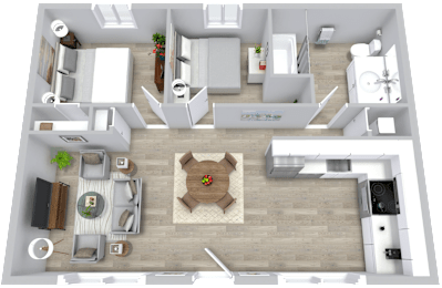 A 3D floor plan of a small apartment with a kitchen, living room, and bathroom.