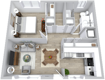 A 3D floor plan of a modern apartment with a kitchen, living room, and bathroom.