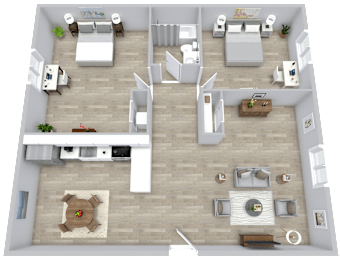 A 3D floor plan of a house with a kitchen, living room, dining room, and two bedrooms.